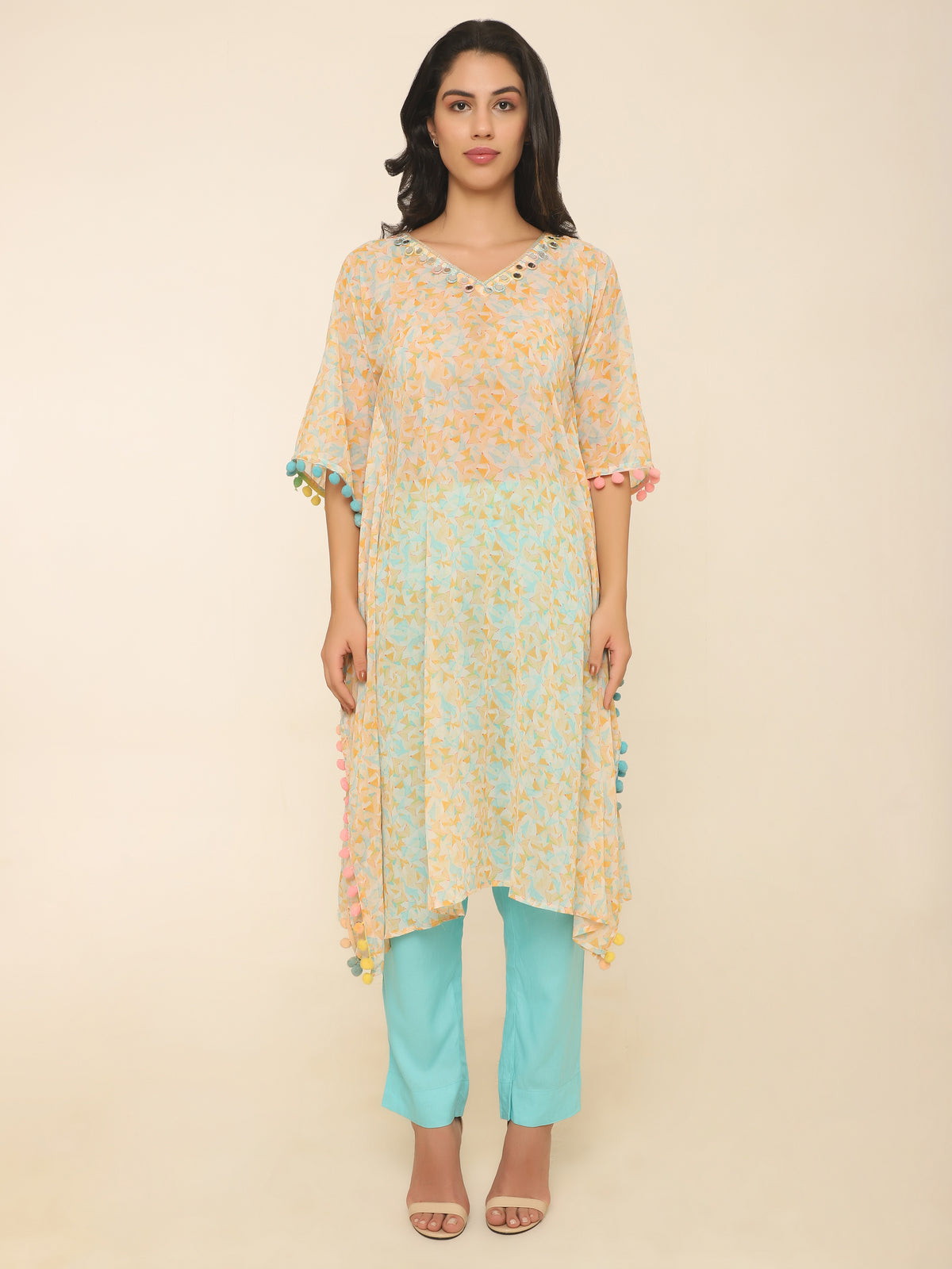 Pastel Printed Kaftan Set with Pom Pom & Mirror Work in Georgette