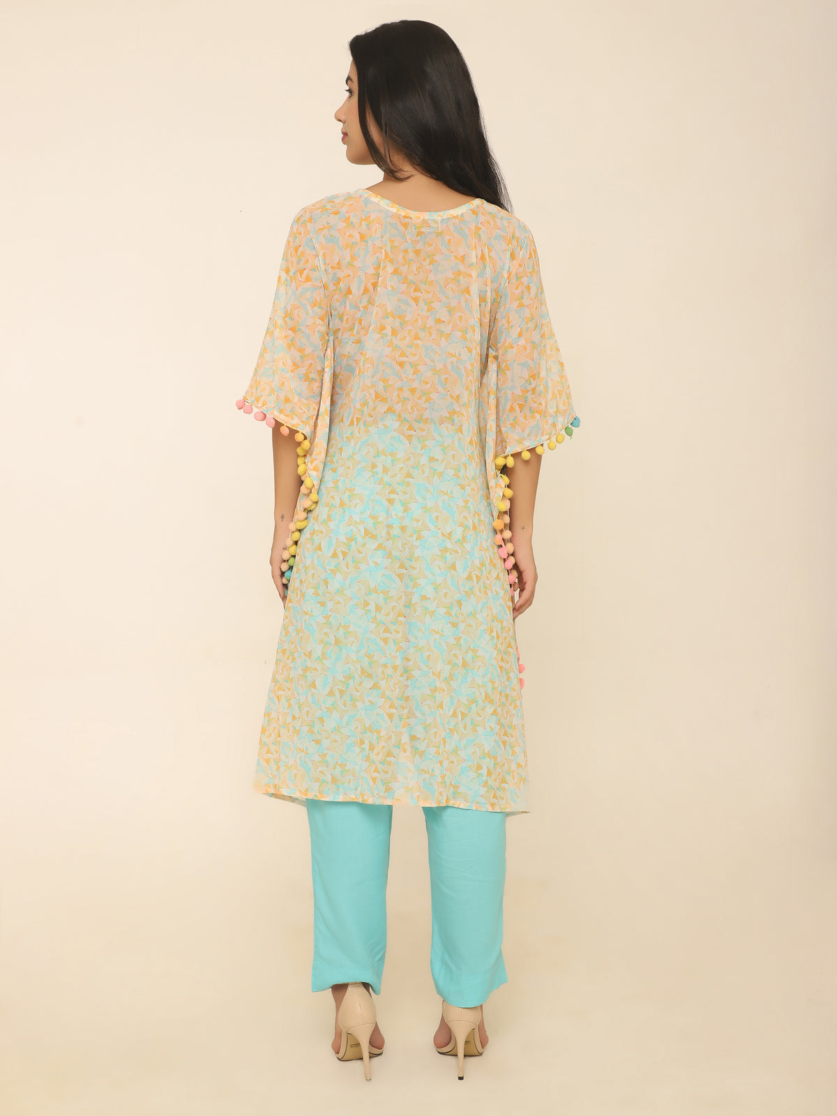 Pastel Printed Kaftan Set with Pom Pom & Mirror Work in Georgette