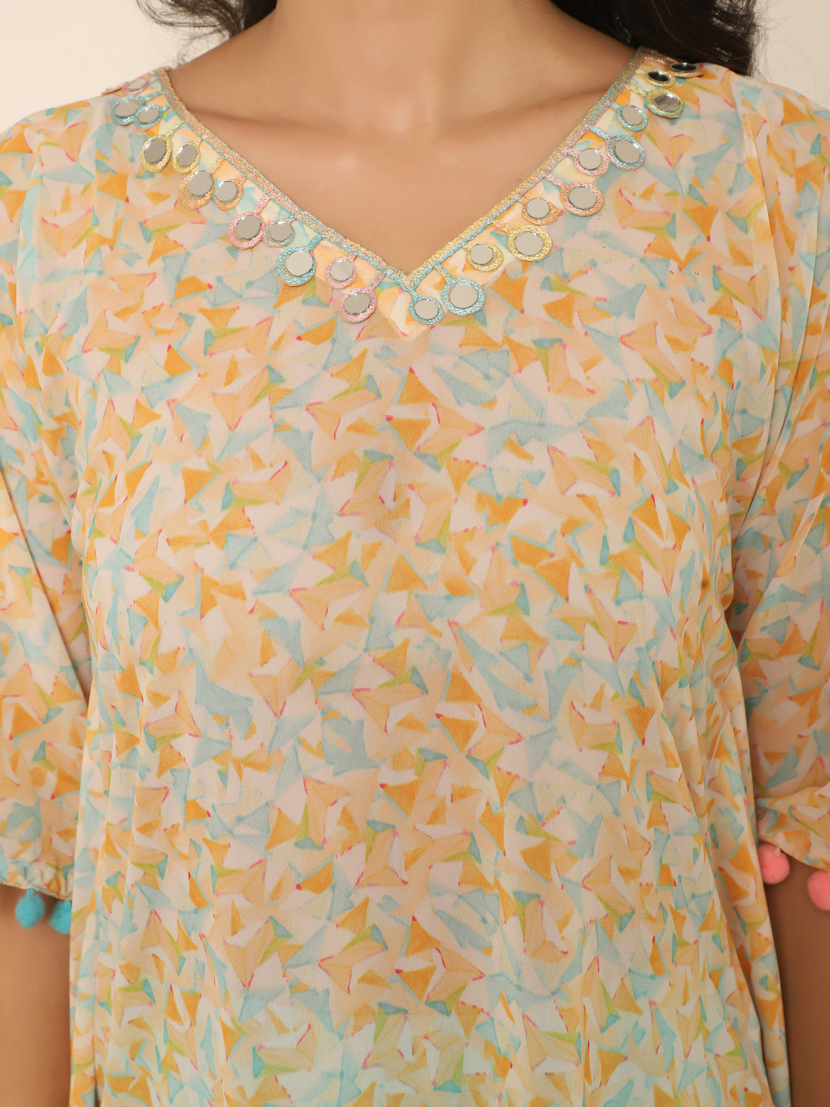 Pastel Printed Kaftan Set with Pom Pom & Mirror Work in Georgette