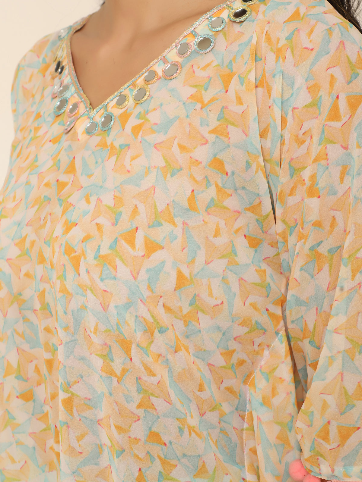 Pastel Printed Kaftan Set with Pom Pom & Mirror Work in Georgette