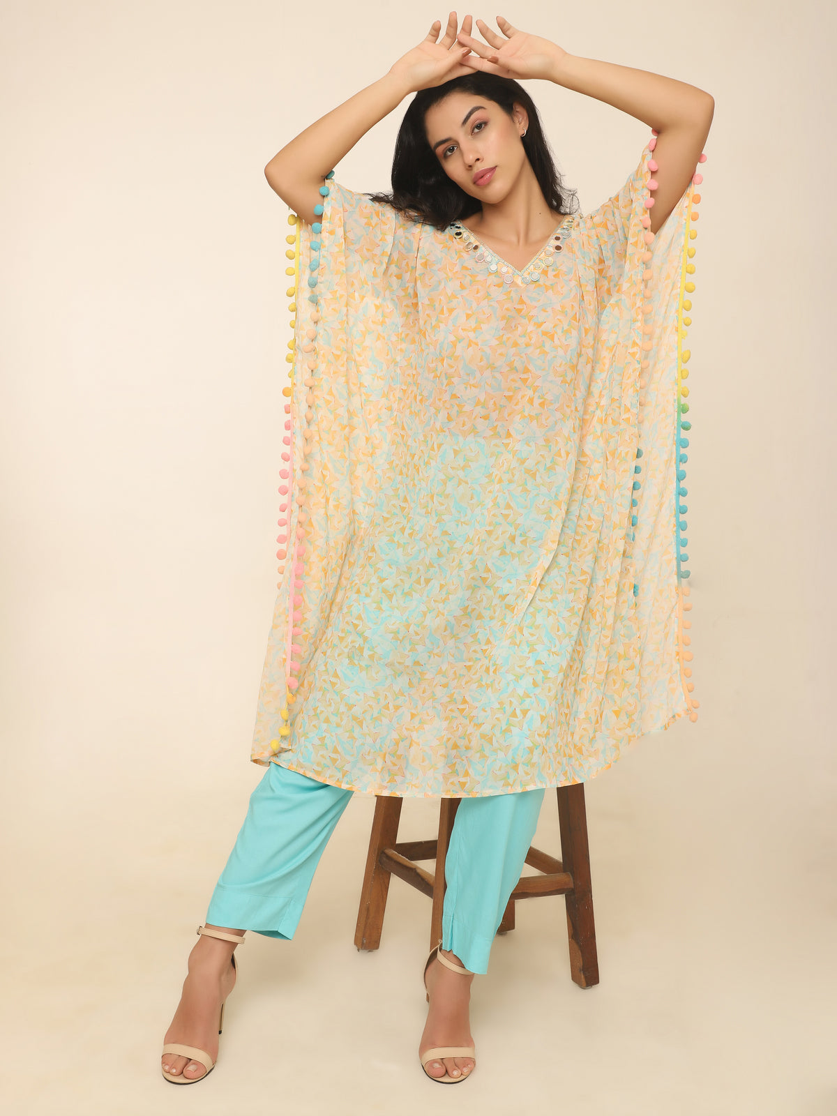 Pastel Printed Kaftan Set with Pom Pom & Mirror Work in Georgette