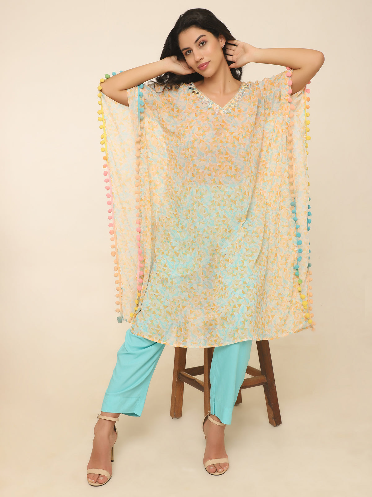 Pastel Printed Kaftan Set with Pom Pom & Mirror Work in Georgette