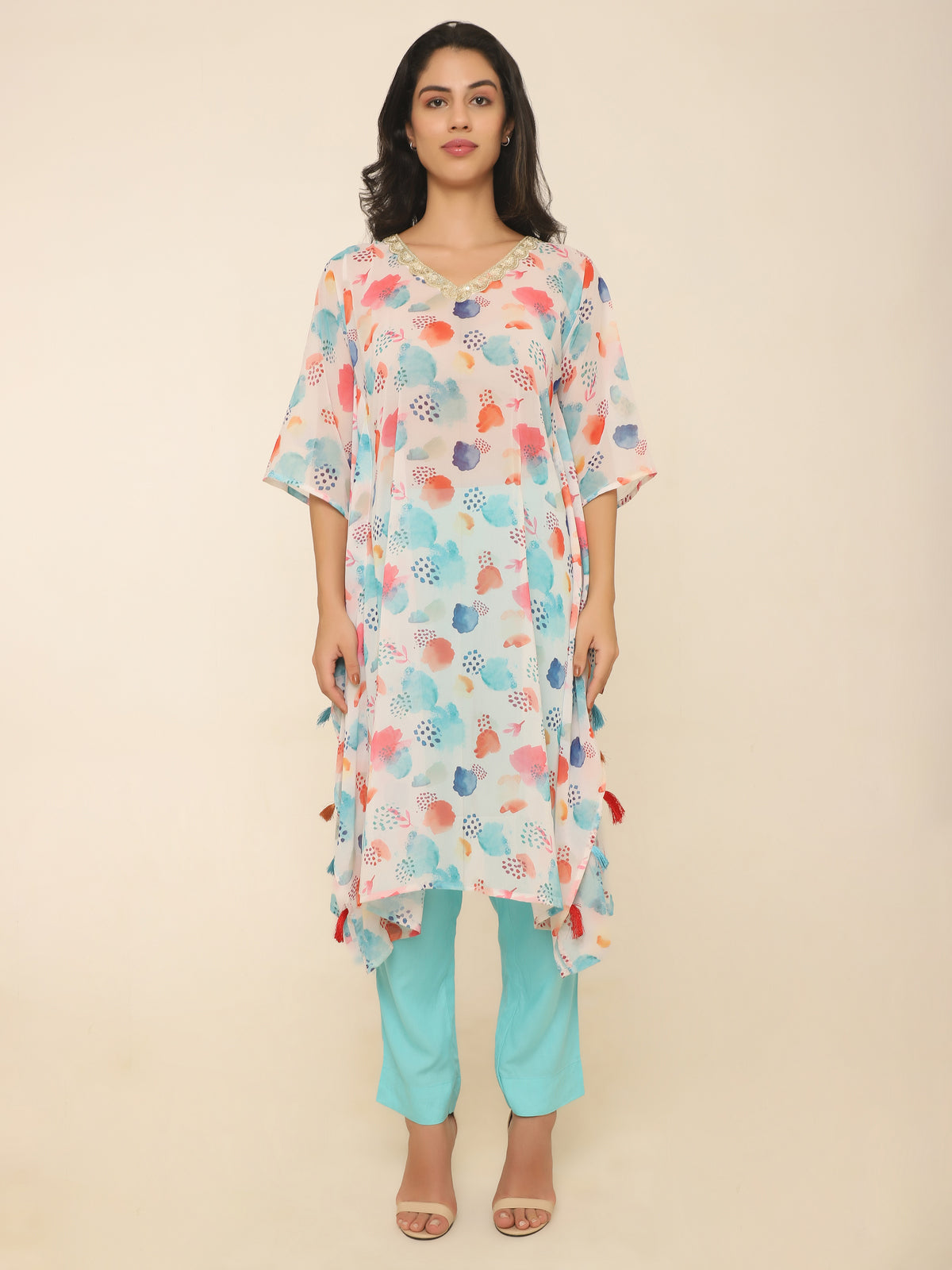 Colorful Abstract Printed Kaftan Set with Tassels & Golden Lace in Georgette