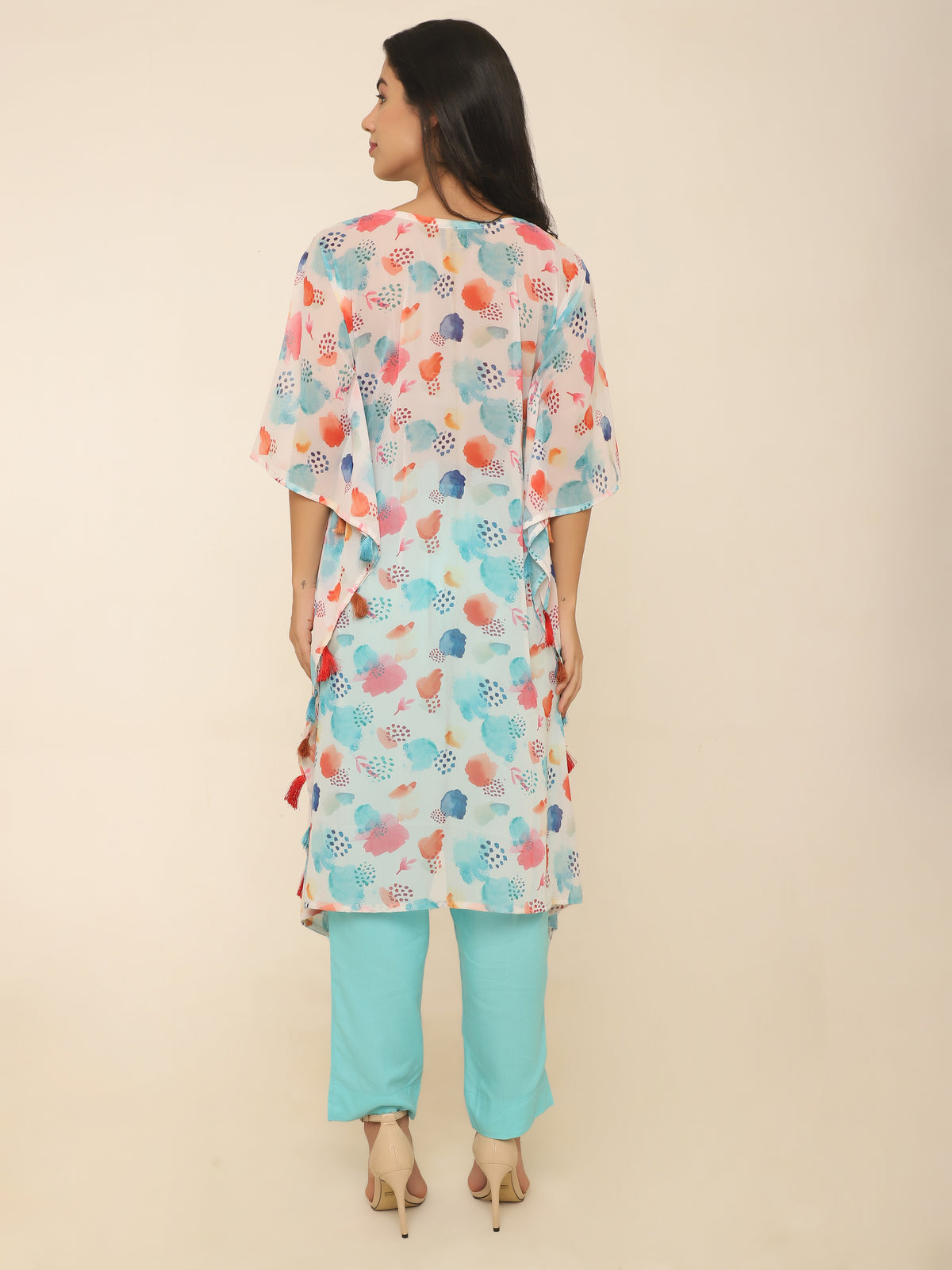 Colorful Abstract Printed Kaftan Set with Tassels & Golden Lace in Georgette