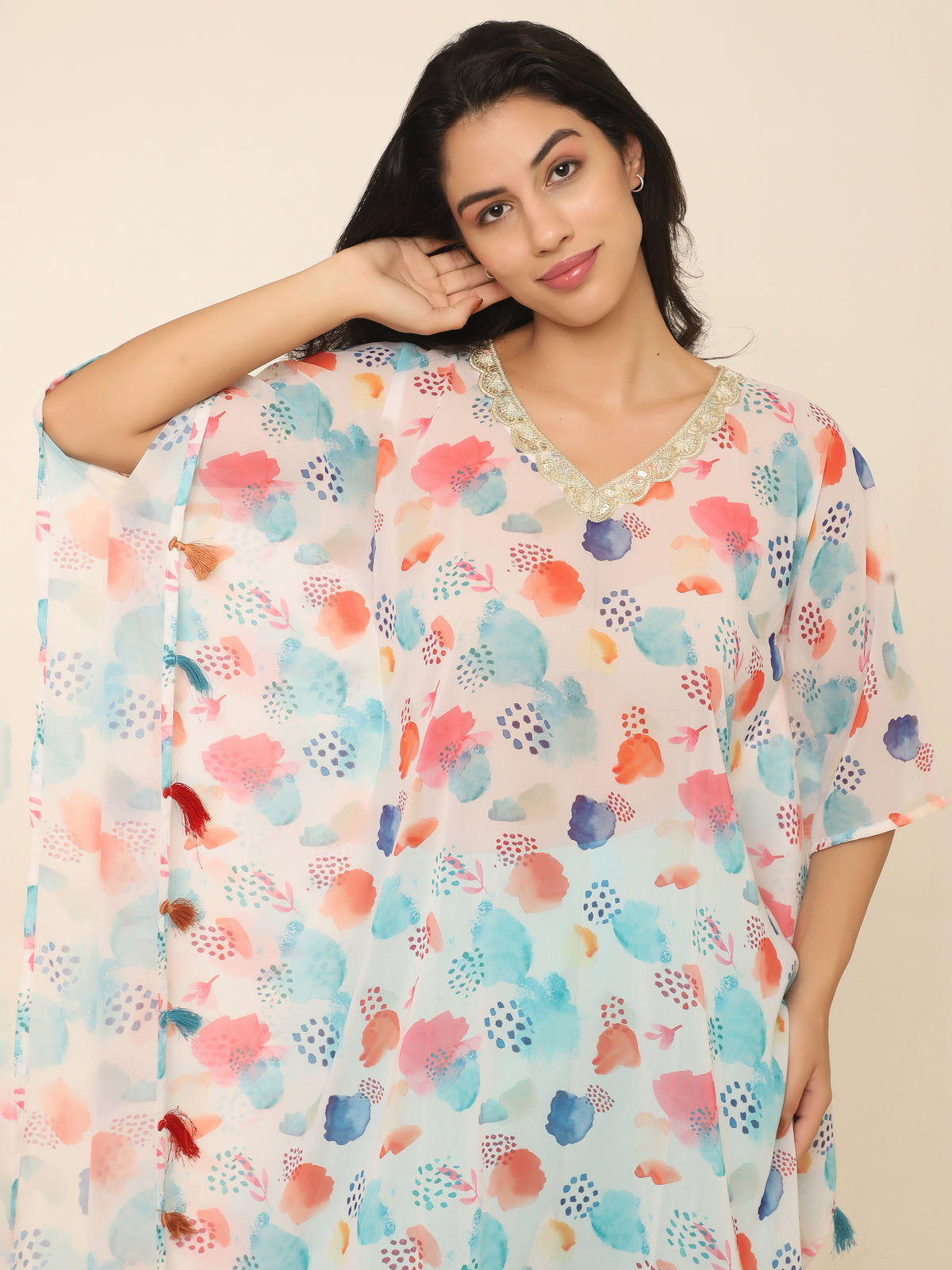 Colorful Abstract Printed Kaftan Set with Tassels & Golden Lace in Georgette