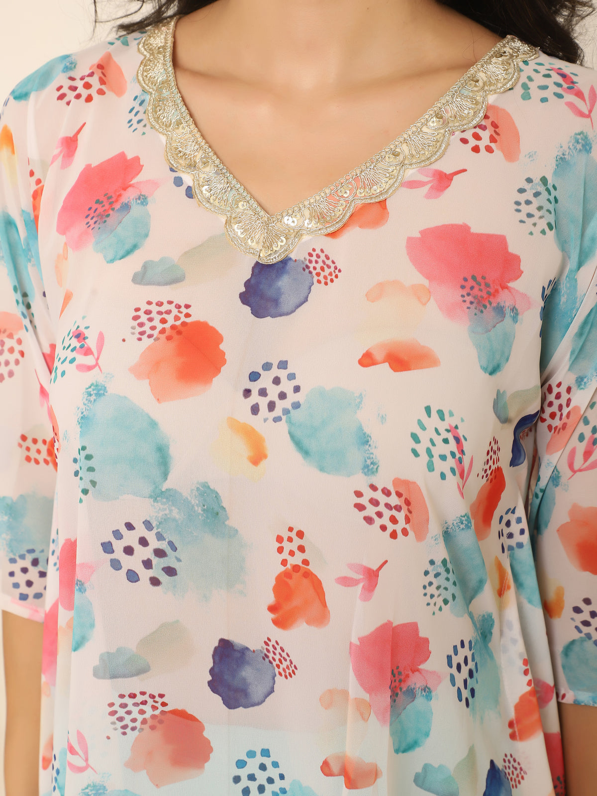 Colorful Abstract Printed Kaftan Set with Tassels & Golden Lace in Georgette