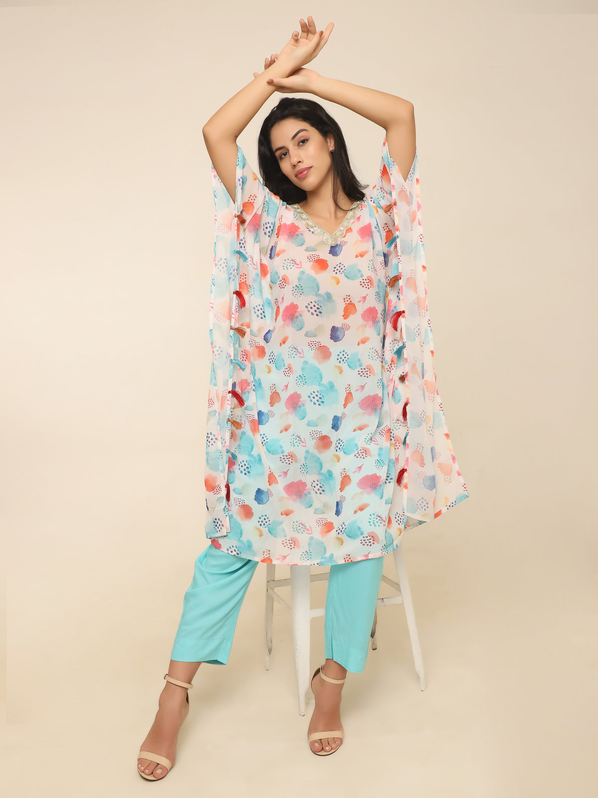 Colorful Abstract Printed Kaftan Set with Tassels & Golden Lace in Georgette