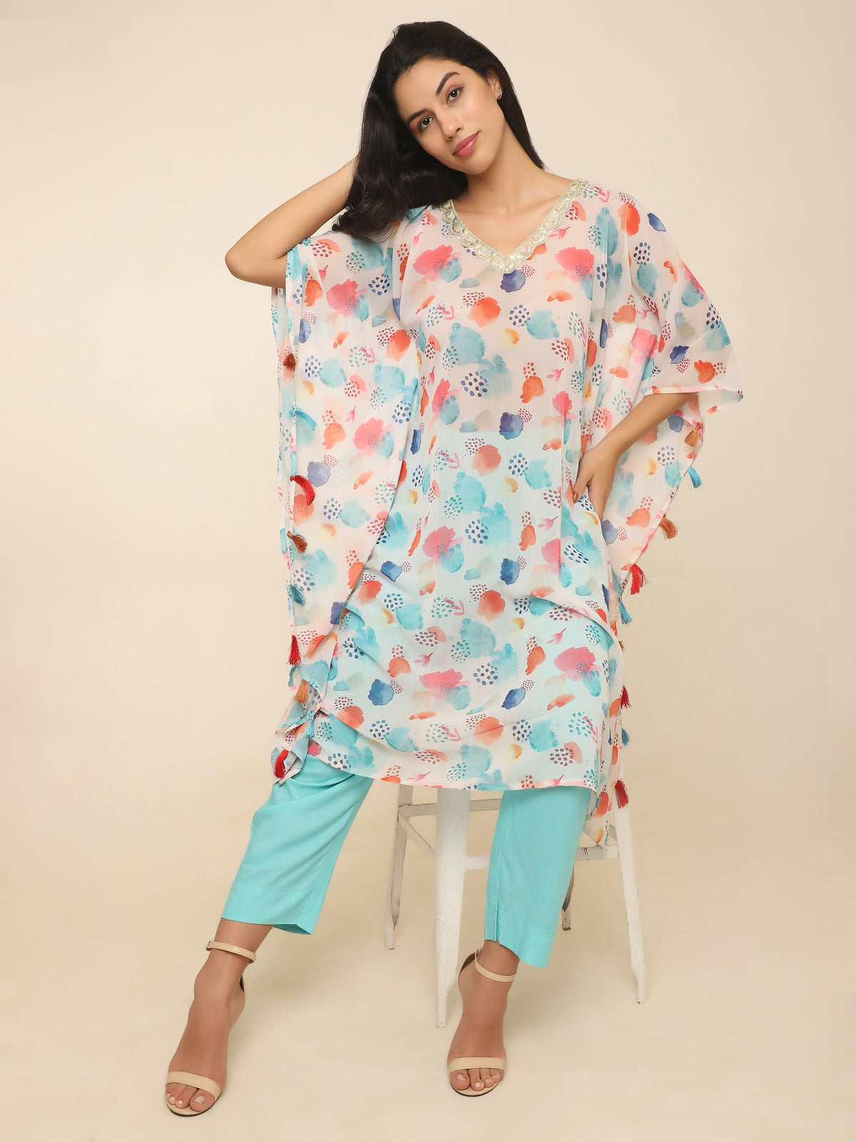Colorful Abstract Printed Kaftan Set with Tassels & Golden Lace in Georgette