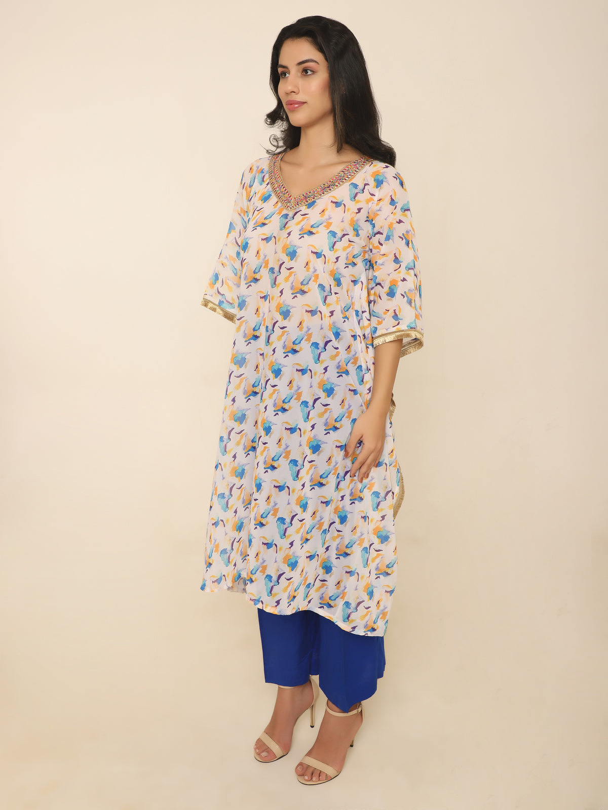 Elegant Printed Kaftan Set with Gold Lace & Contrast Pants