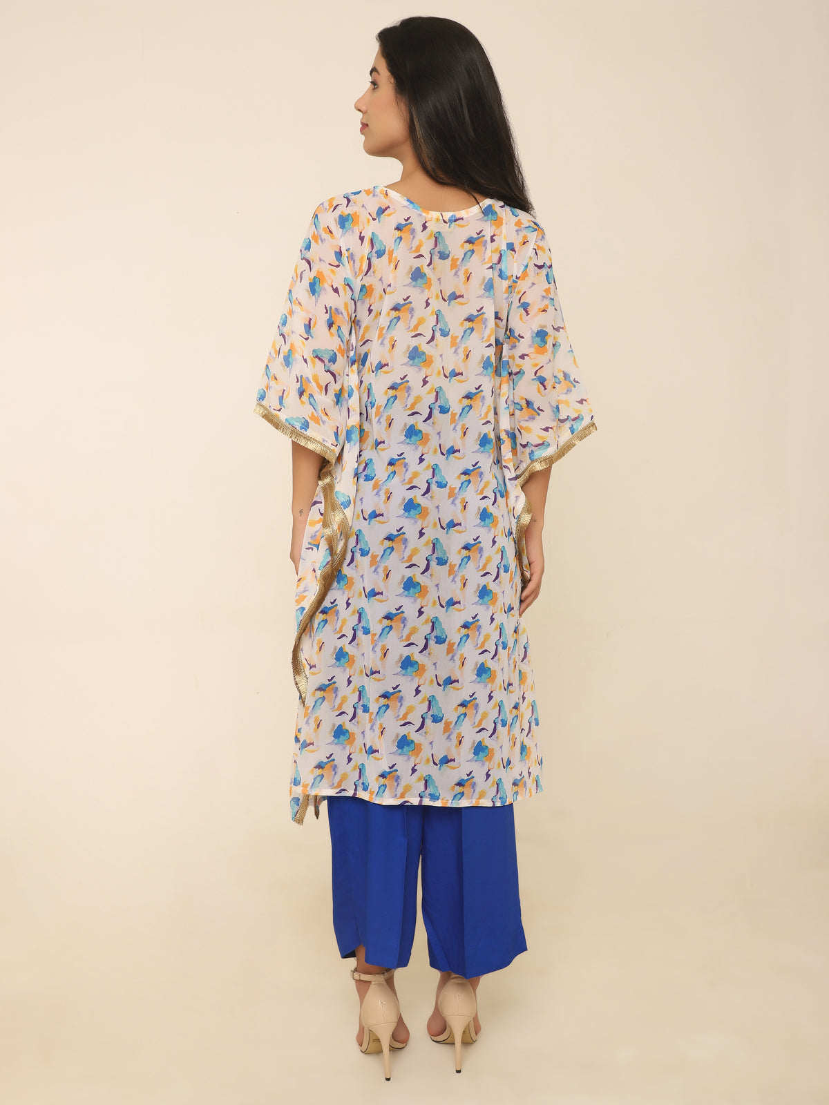 Elegant Printed Kaftan Set with Gold Lace & Contrast Pants