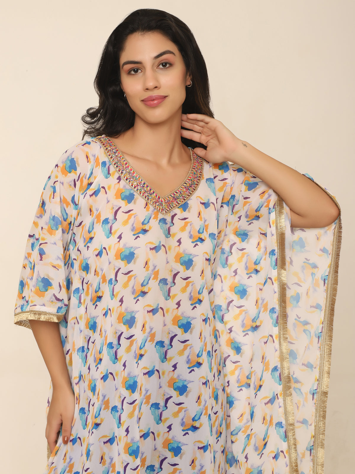 Elegant Printed Kaftan Set with Gold Lace & Contrast Pants