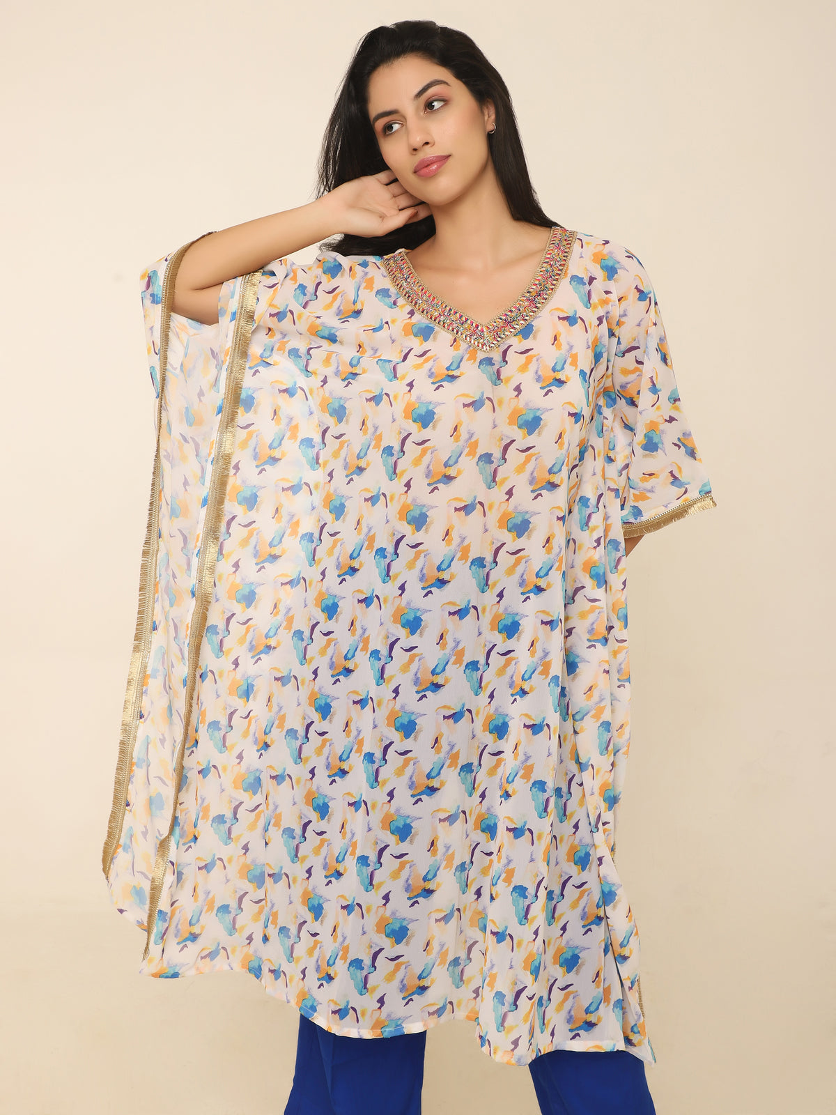 Elegant Printed Kaftan Set with Gold Lace & Contrast Pants