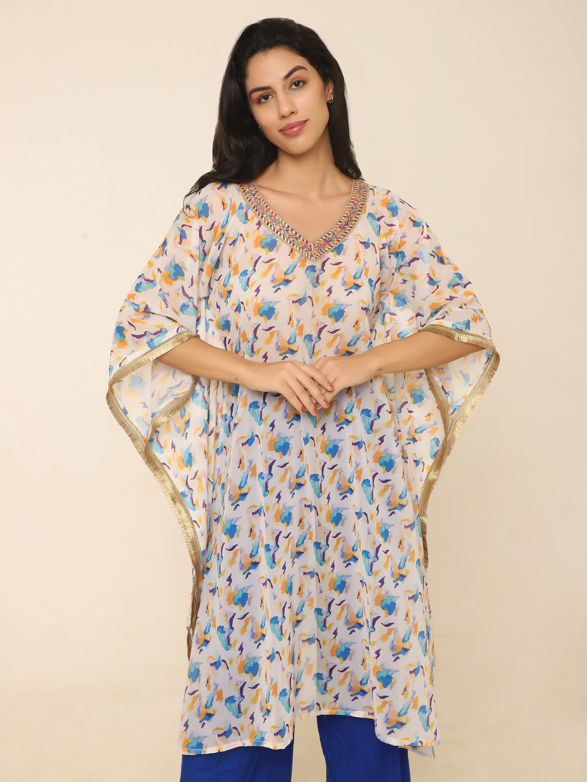 Elegant Printed Kaftan Set with Gold Lace & Contrast Pants