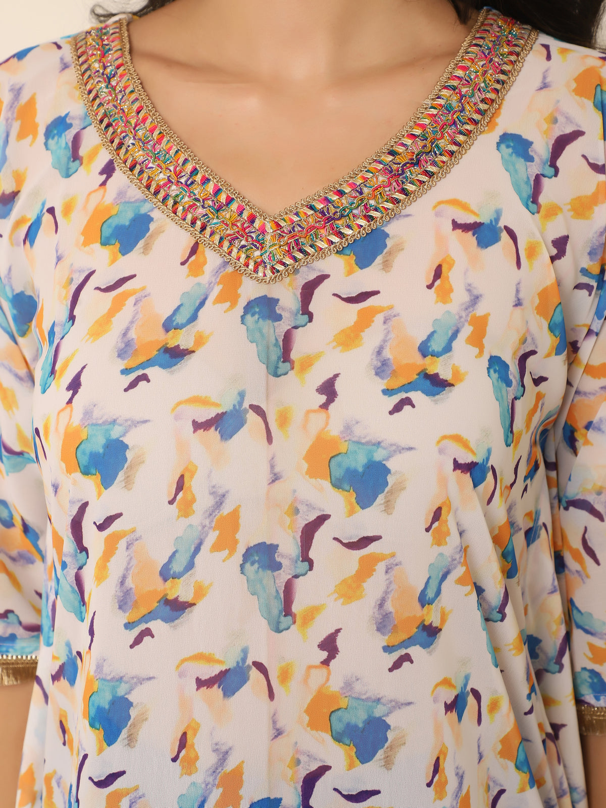 Elegant Printed Kaftan Set with Gold Lace & Contrast Pants