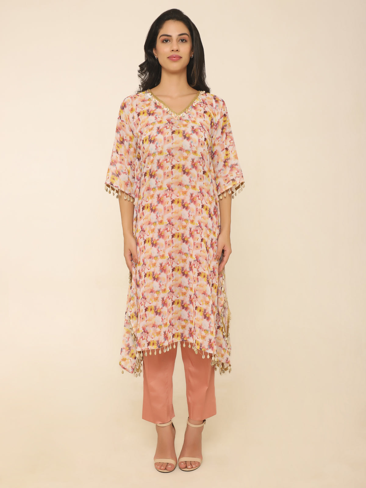 Soft Peach Floral Kaftan Set with Shell & Gold Lace Details