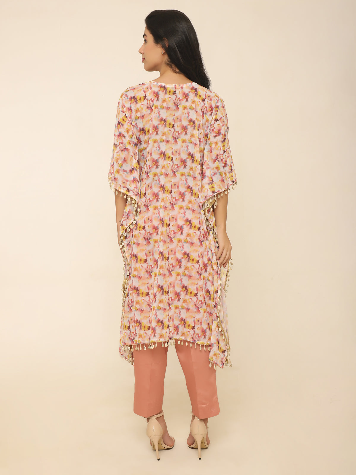 Soft Peach Floral Kaftan Set with Shell & Gold Lace Details