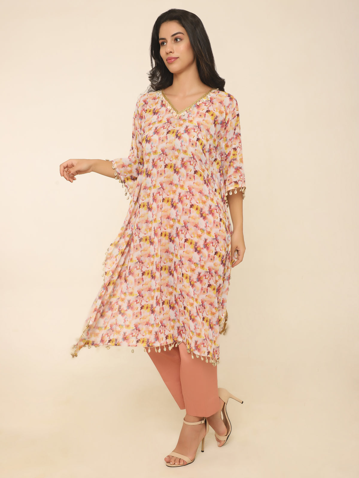 Soft Peach Floral Kaftan Set with Shell & Gold Lace Details