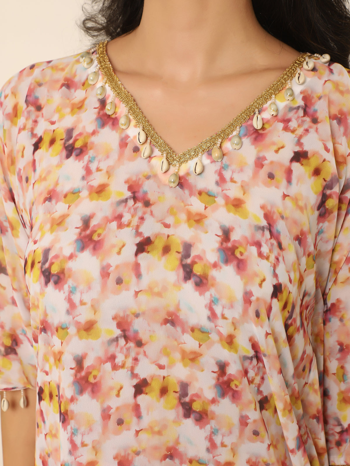 Soft Peach Floral Kaftan Set with Shell & Gold Lace Details