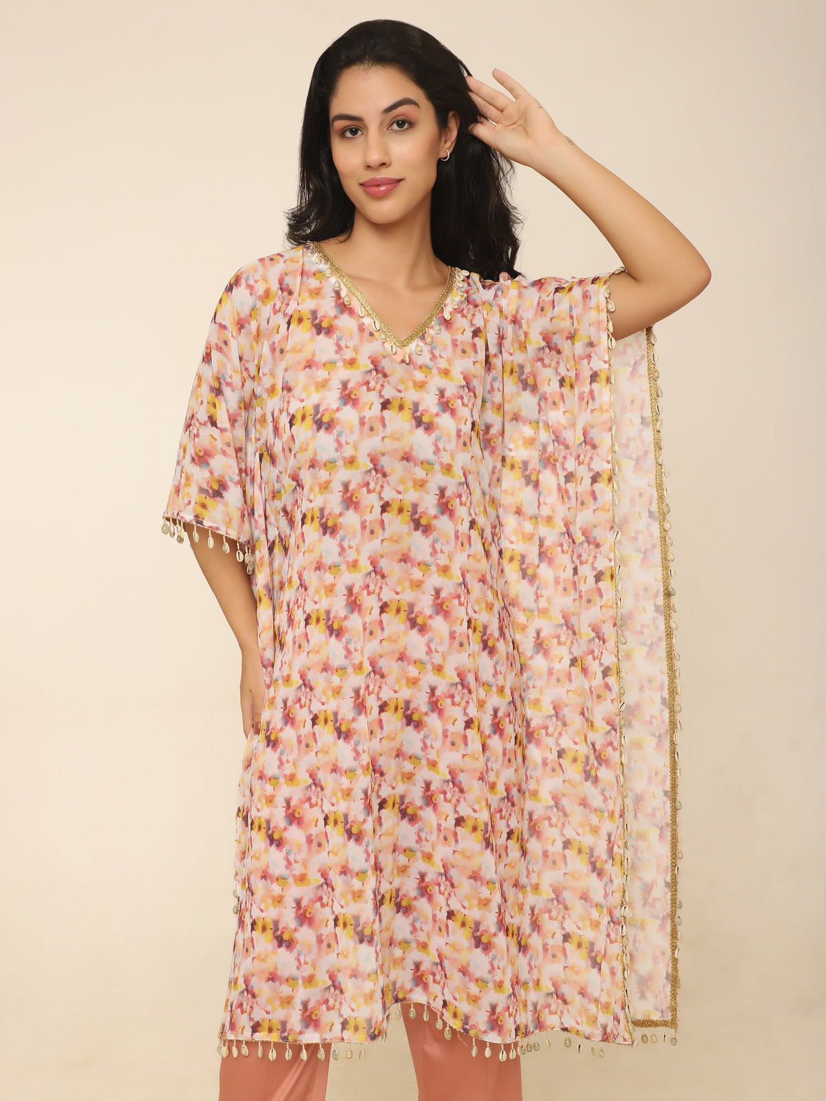 Soft Peach Floral Kaftan Set with Shell & Gold Lace Details