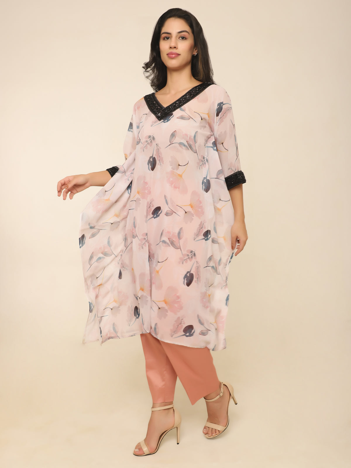 Floral Kaftan Set with Black Beadwork & Pink Contrast Pants