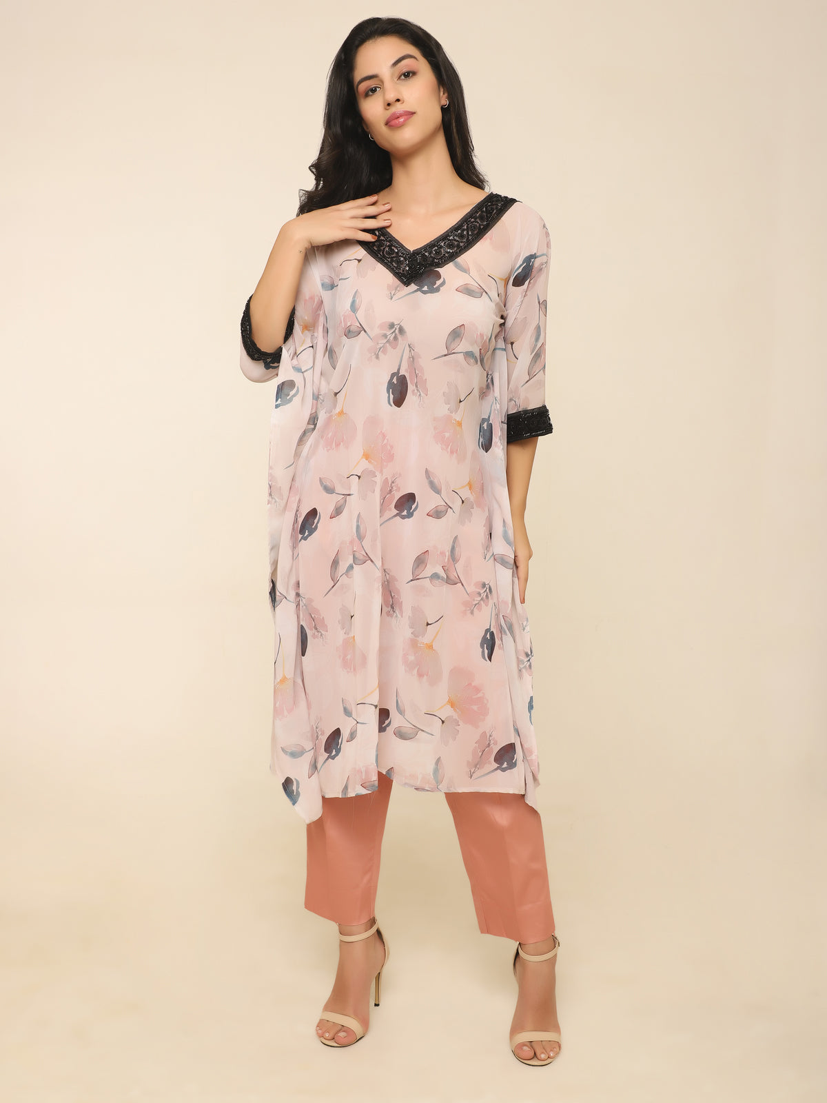 Floral Kaftan Set with Black Beadwork & Pink Contrast Pants