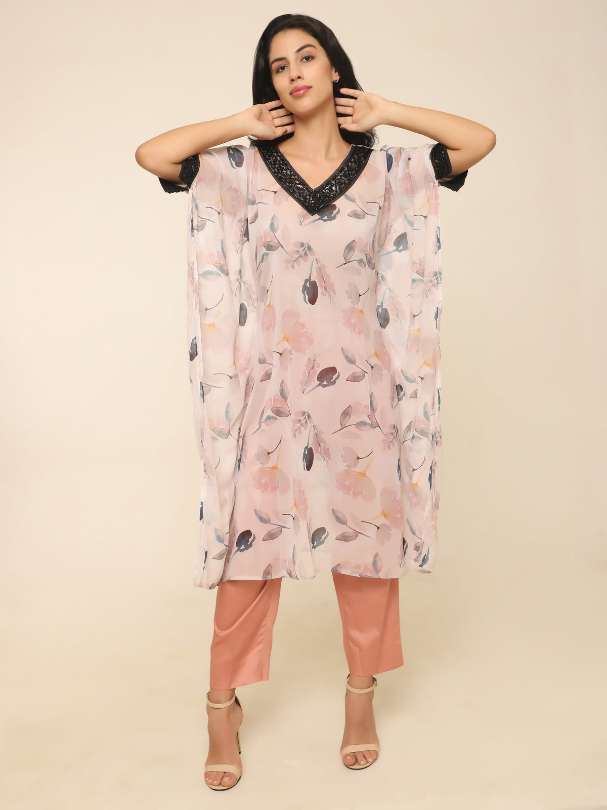Floral Kaftan Set with Black Beadwork & Pink Contrast Pants