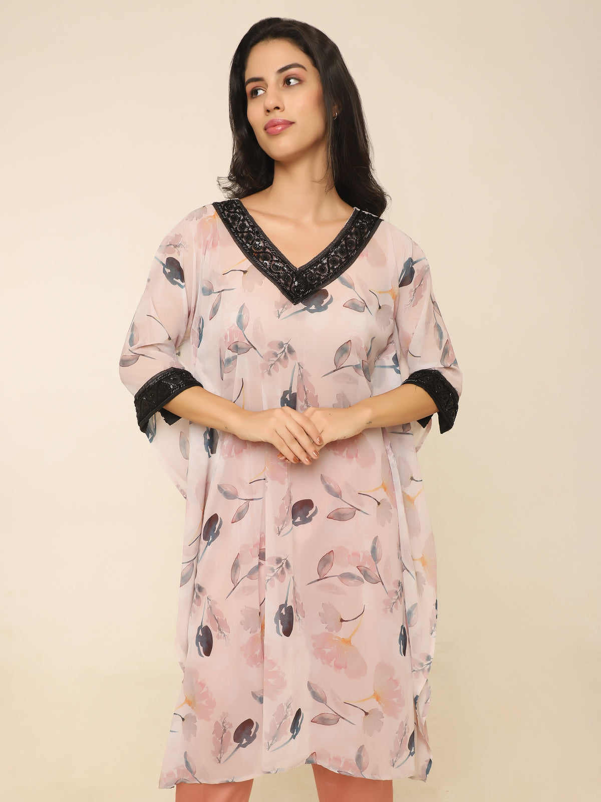 Floral Kaftan Set with Black Beadwork & Pink Contrast Pants