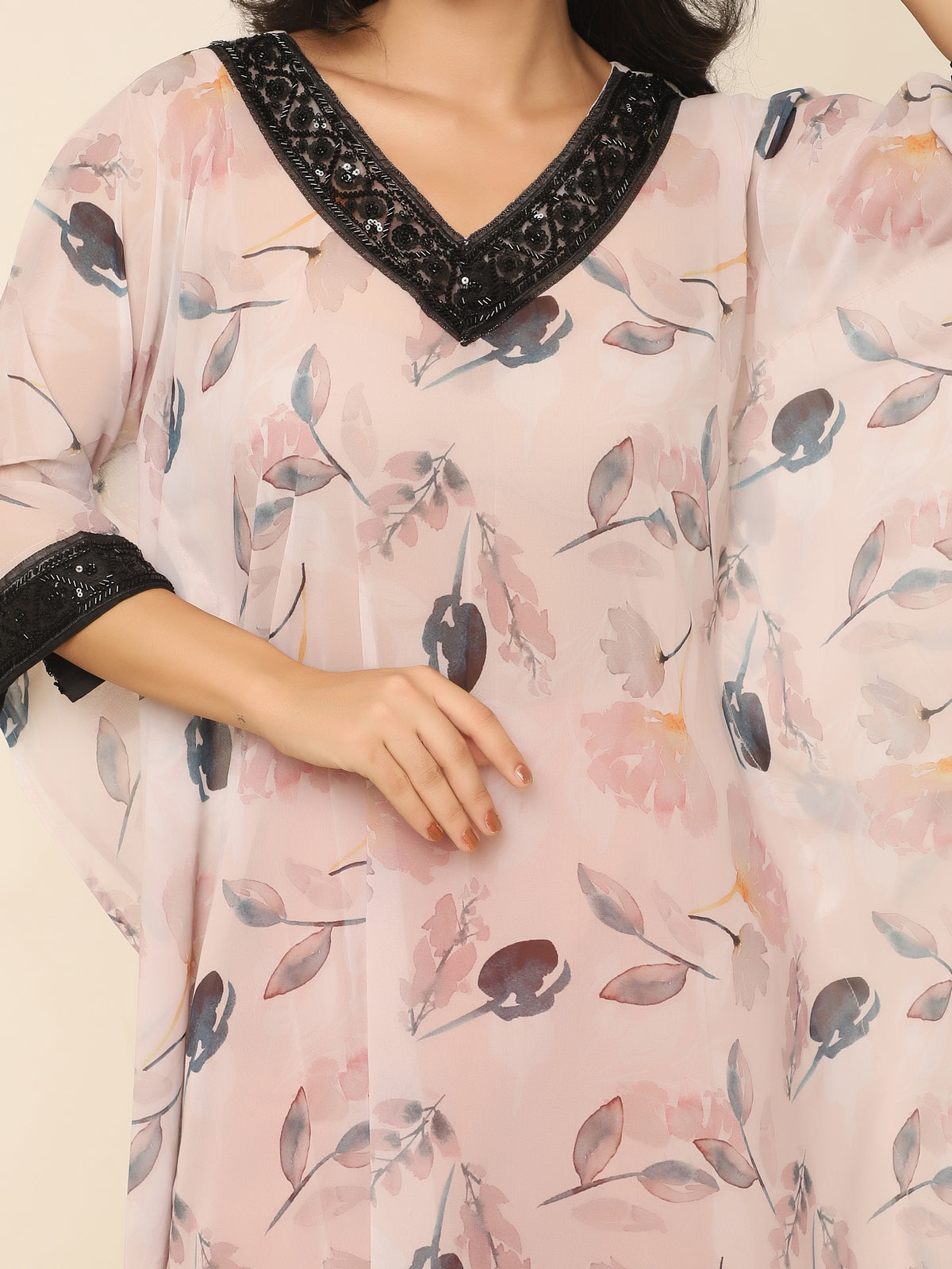 Floral Kaftan Set with Black Beadwork & Pink Contrast Pants