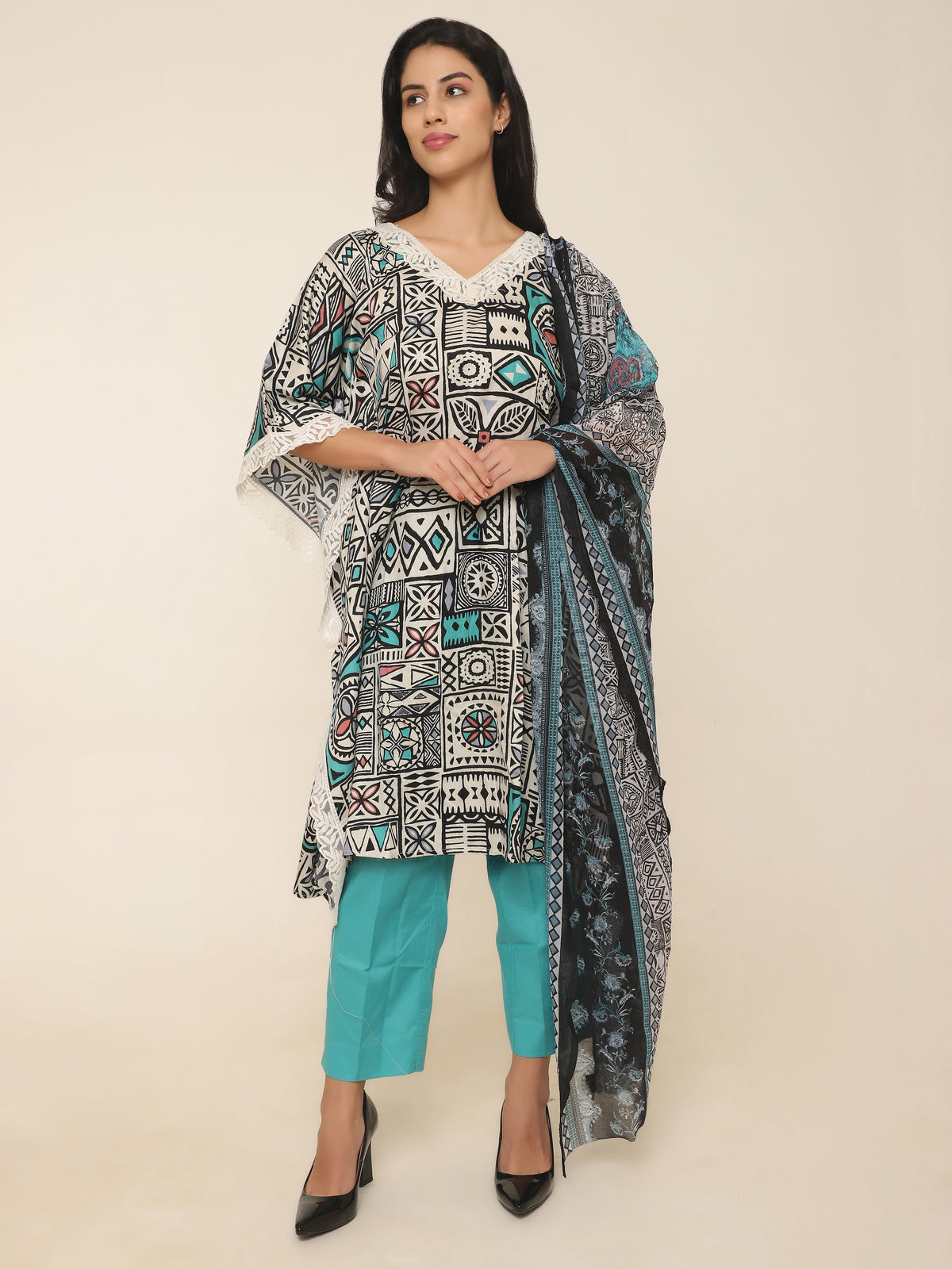 Bohemian Black & Blue Printed Kaftan Set with Lace & Dupatta
