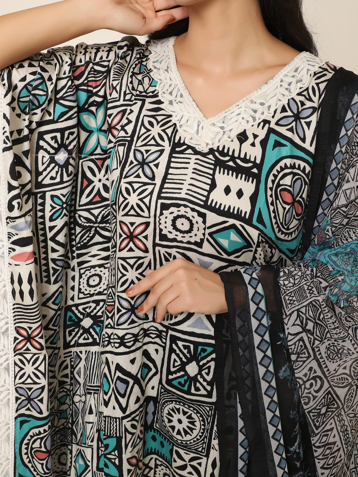 Bohemian Black & Blue Printed Kaftan Set with Lace & Dupatta