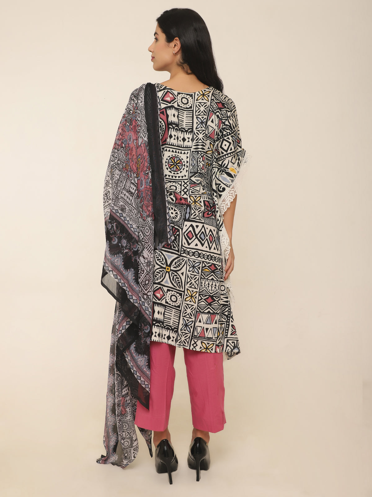 Bohemian Black & Pink Printed Kaftan Set with Lace & Dupatta