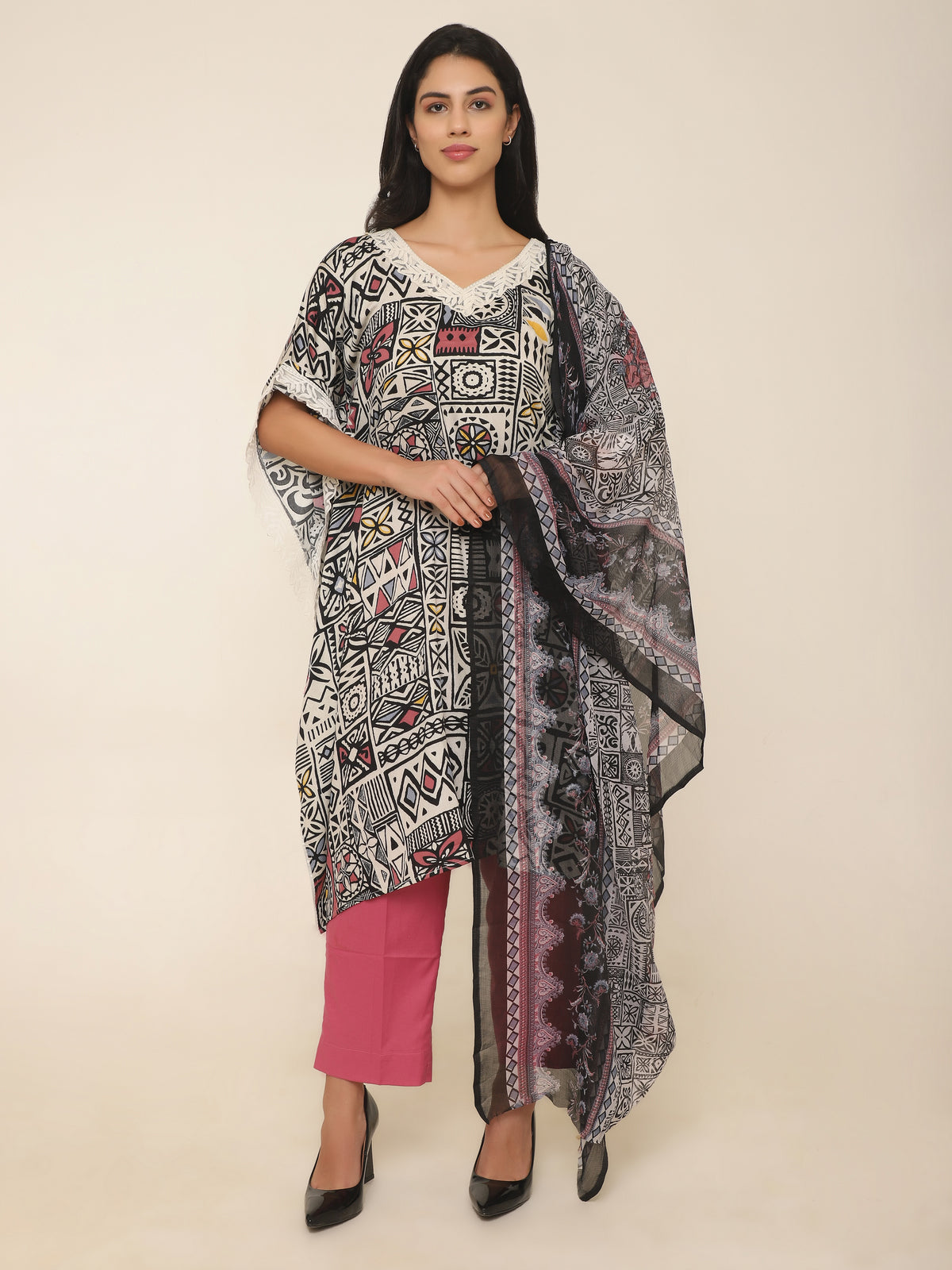 Bohemian Black & Pink Printed Kaftan Set with Lace & Dupatta
