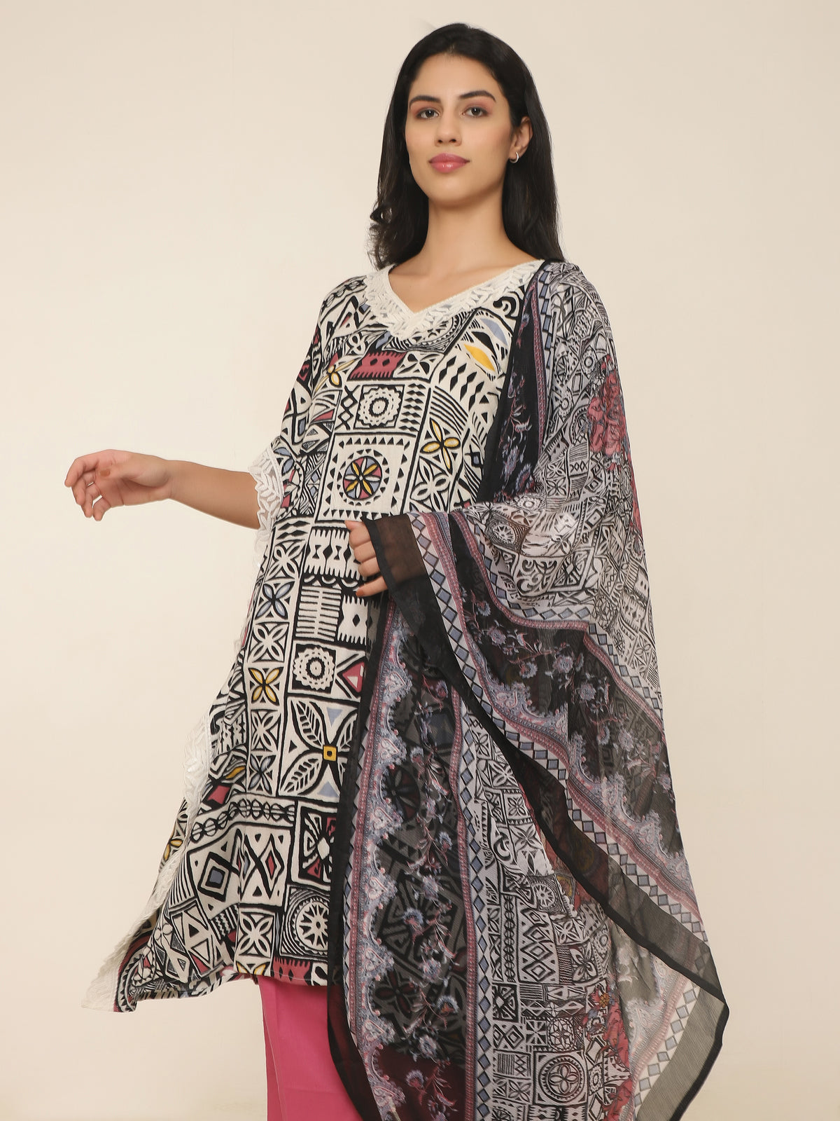 Bohemian Black & Pink Printed Kaftan Set with Lace & Dupatta