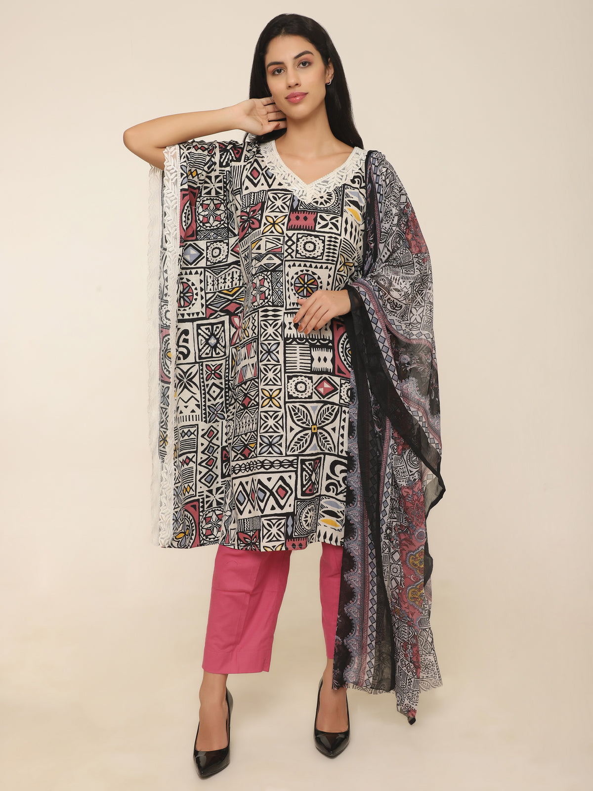 Bohemian Black & Pink Printed Kaftan Set with Lace & Dupatta
