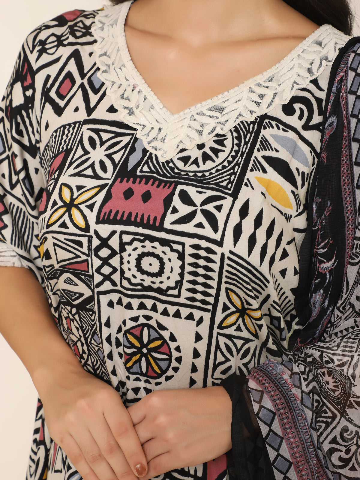 Bohemian Black & Pink Printed Kaftan Set with Lace & Dupatta