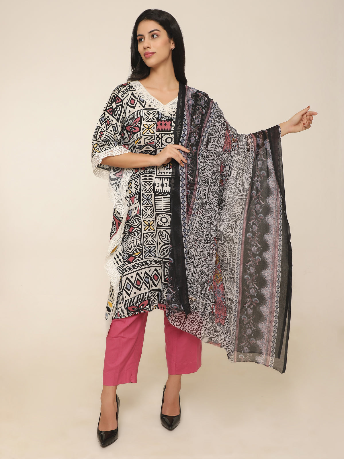 Bohemian Black & Pink Printed Kaftan Set with Lace & Dupatta