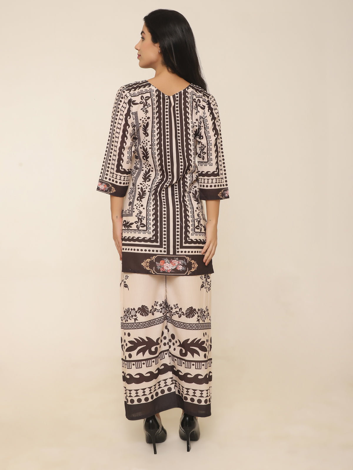 Black & Beige Printed Rayon Co-ord Set with Stripes & Artistic Designs