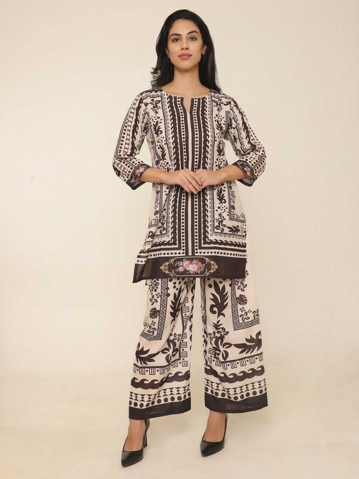 Classic printed co-ord set in beige & black color for effortless style
