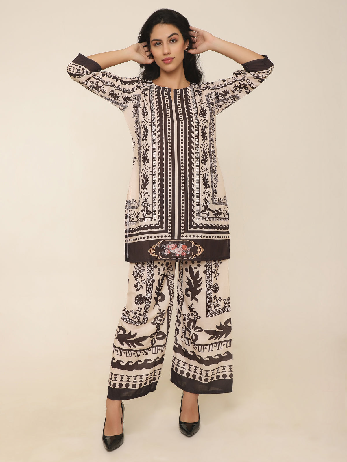 Classic printed co-ord set in beige & black color for effortless style
