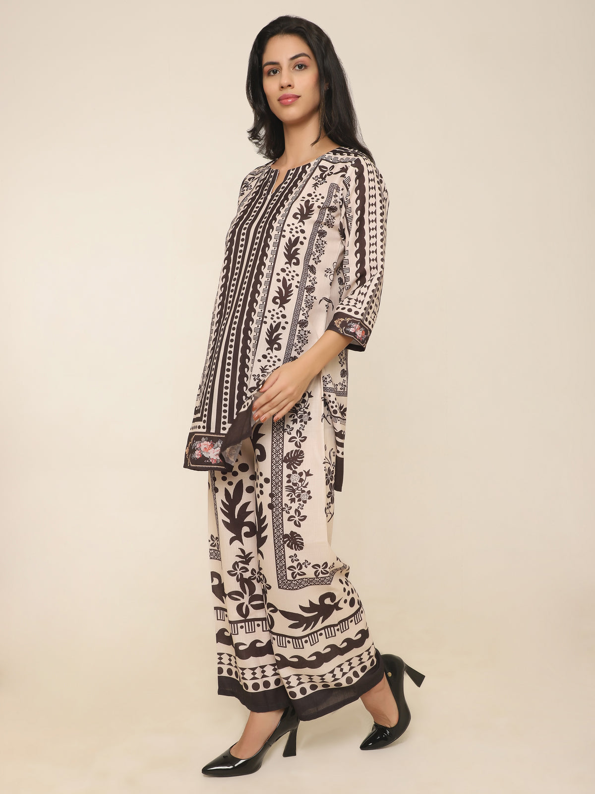 Black & Beige Printed Rayon Co-ord Set with Stripes & Artistic Designs