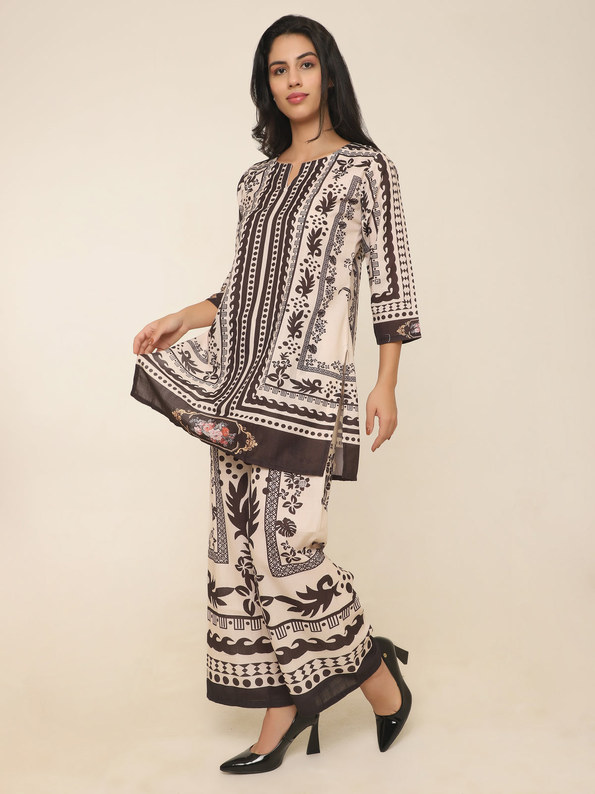 Black & Beige Printed Rayon Co-ord Set with Stripes & Artistic Designs