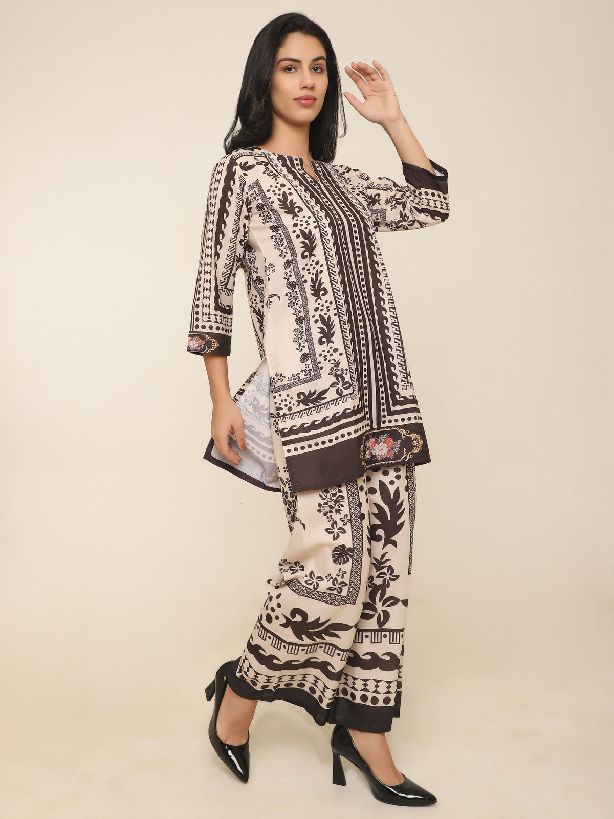 Black & Beige Printed Rayon Co-ord Set with Stripes & Artistic Designs