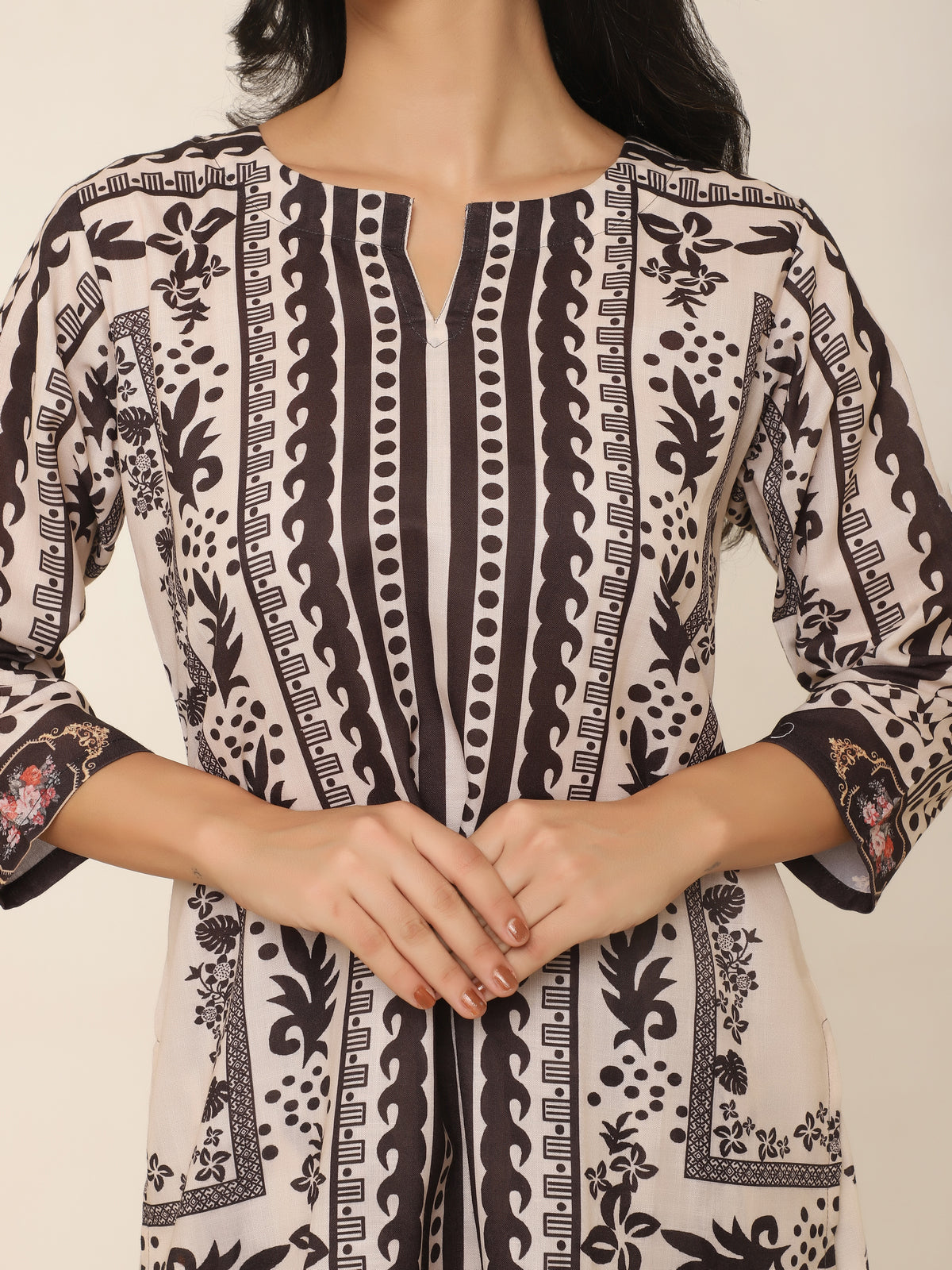 Classic printed co-ord set in beige & black color for effortless style