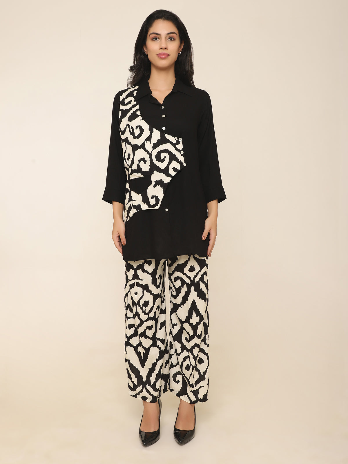 Black Co-ord set with printed half waistcoat style with pallzzo pants