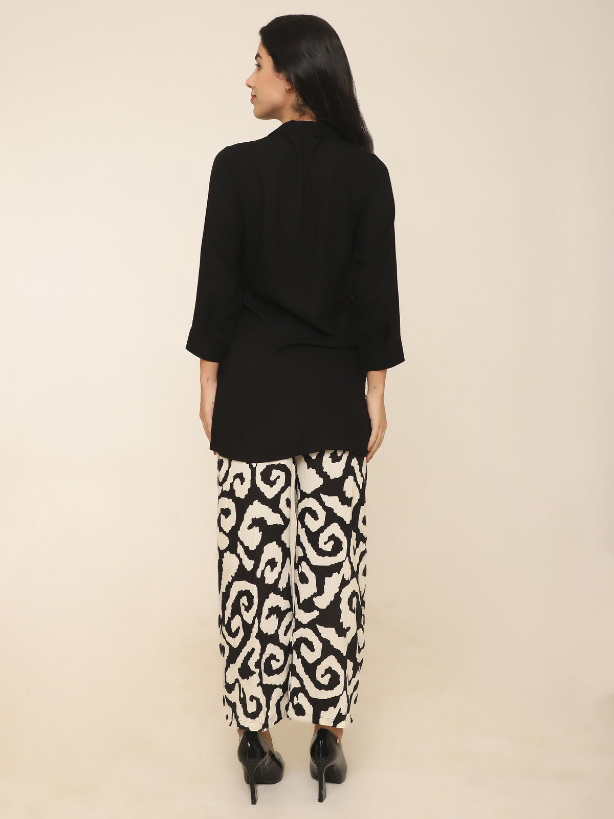 Black Co-ord Set with Printed Waistcoat Design & Palazzo Pants