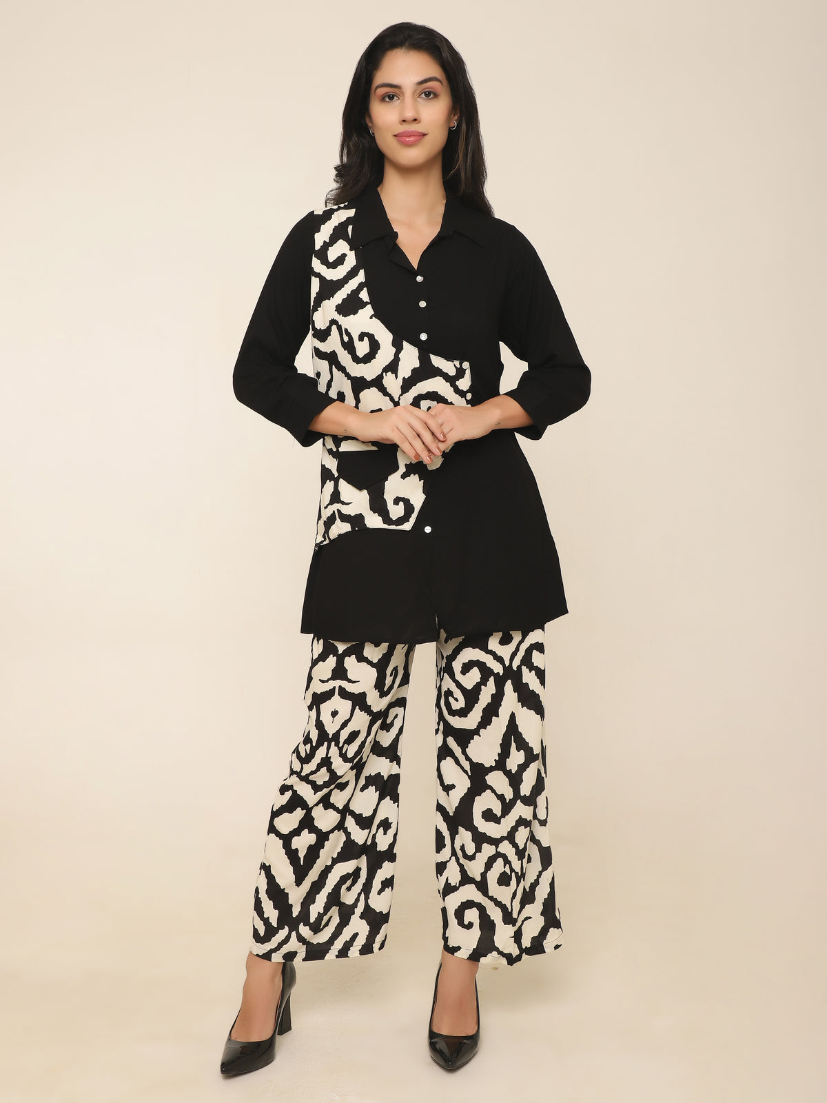 Black Co-ord Set with Printed Waistcoat Design & Palazzo Pants