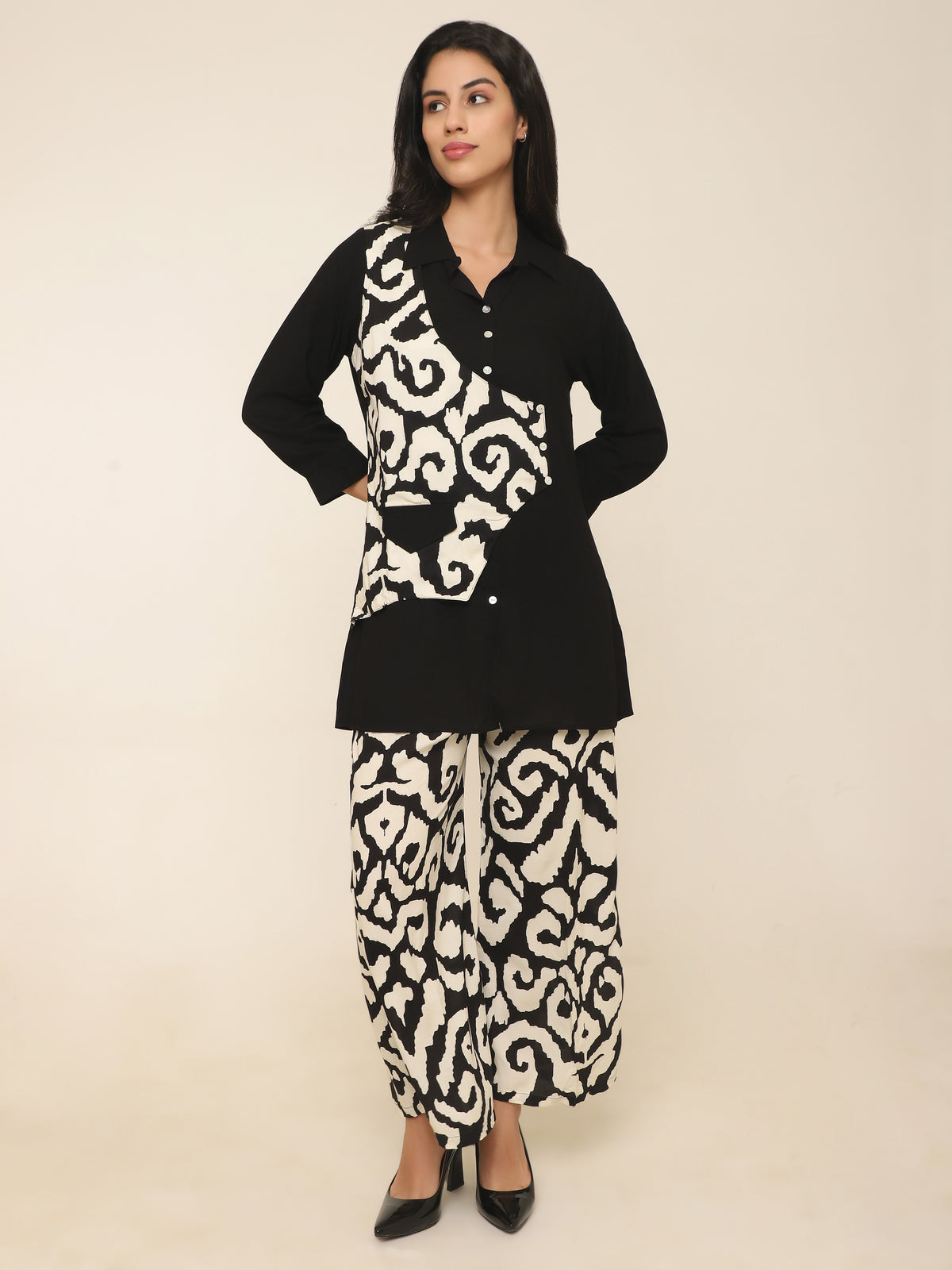 Black Co-ord set with printed half waistcoat style with pallzzo pants