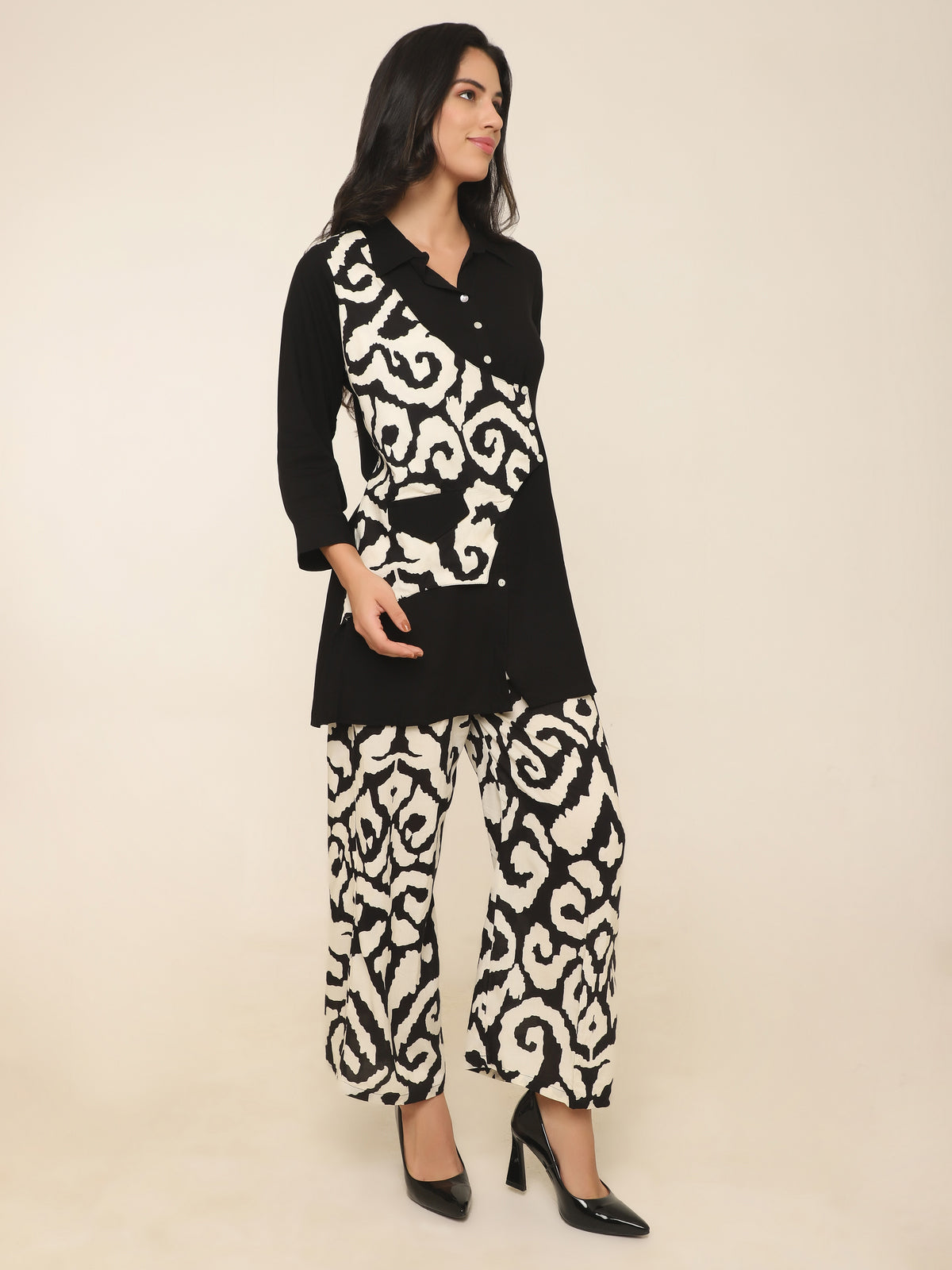 Black Co-ord Set with Printed Waistcoat Design & Palazzo Pants