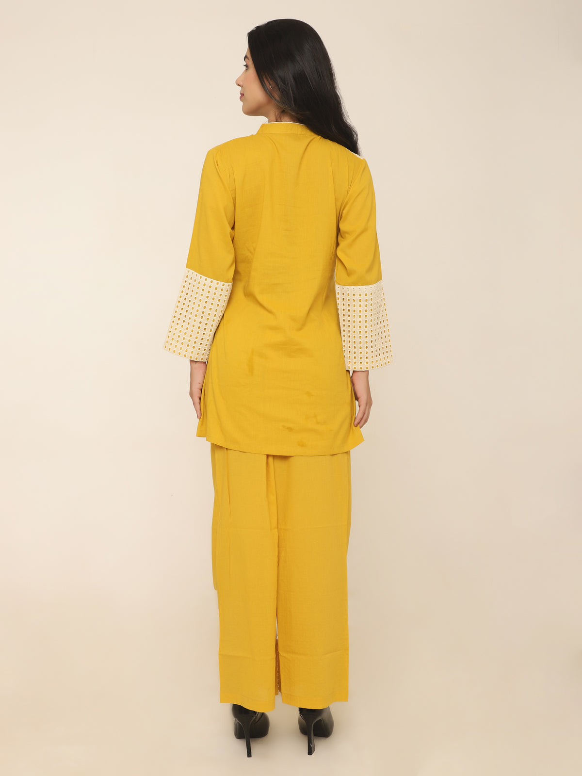Yellow Co-ord set with contrast Schiffly panel details