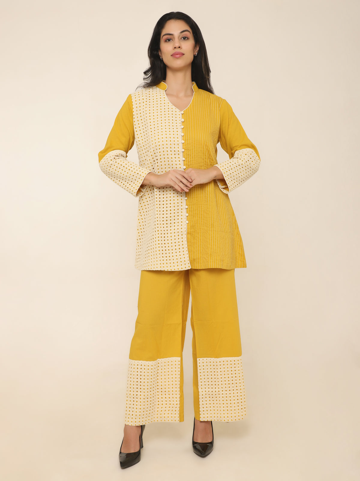 Yellow Co-ord set with contrast Schiffly panel details